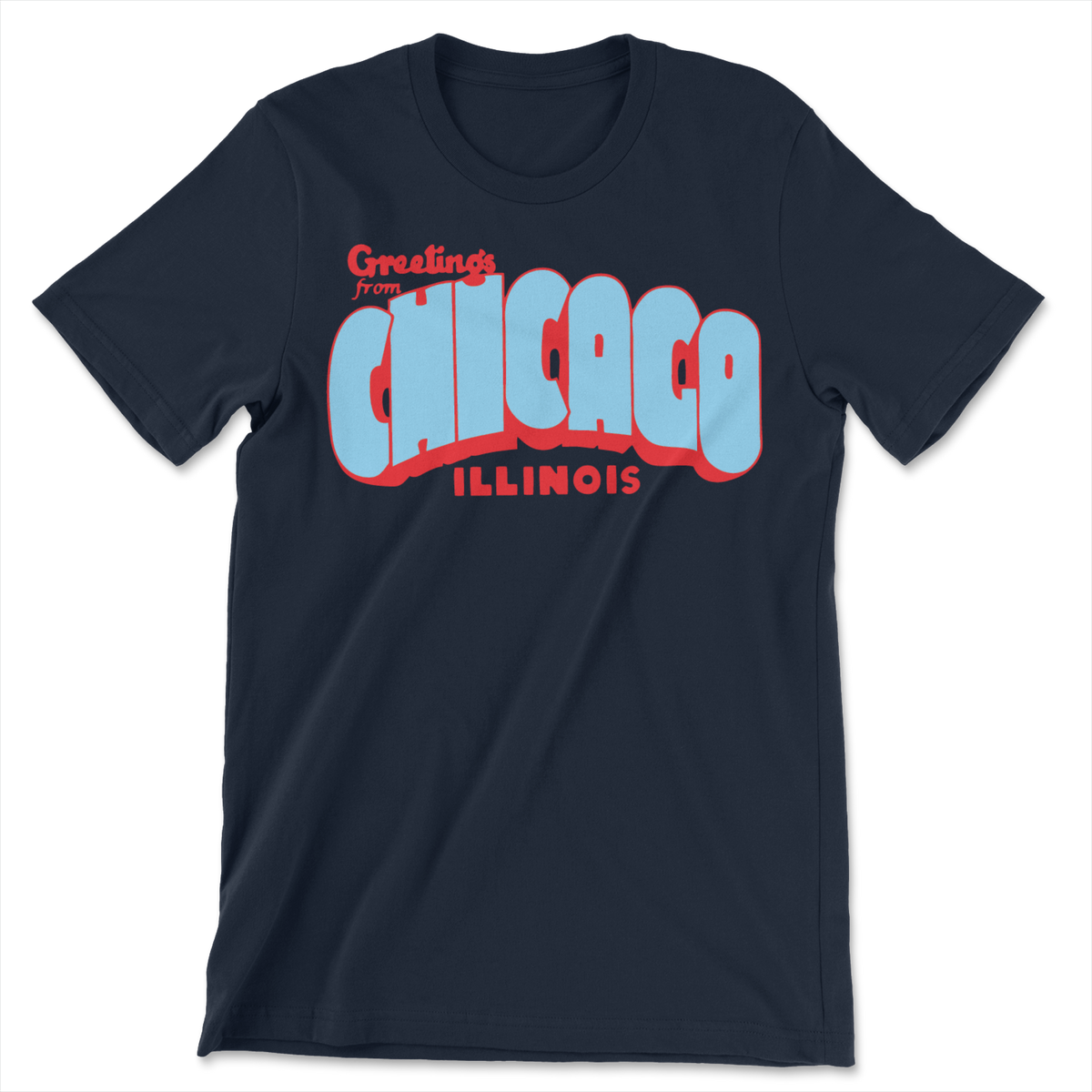 Navy t-shirt with a graphic that reads Greetings from Chicago Illinois