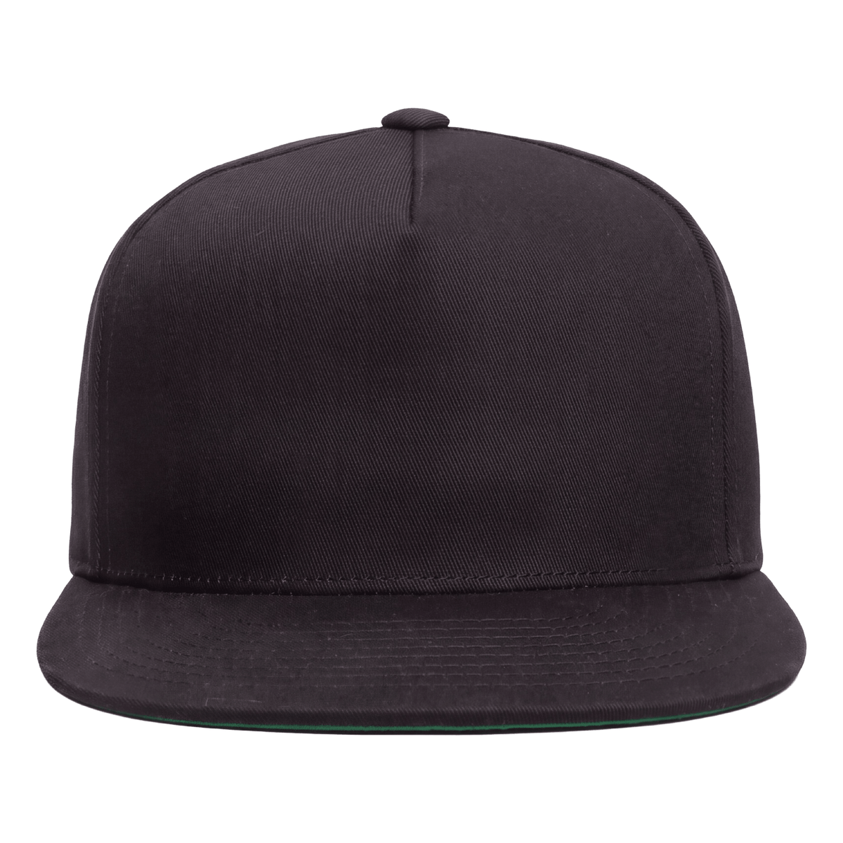 A snapback flat-brim cap in solid black, photographed from the front against a clean white background.