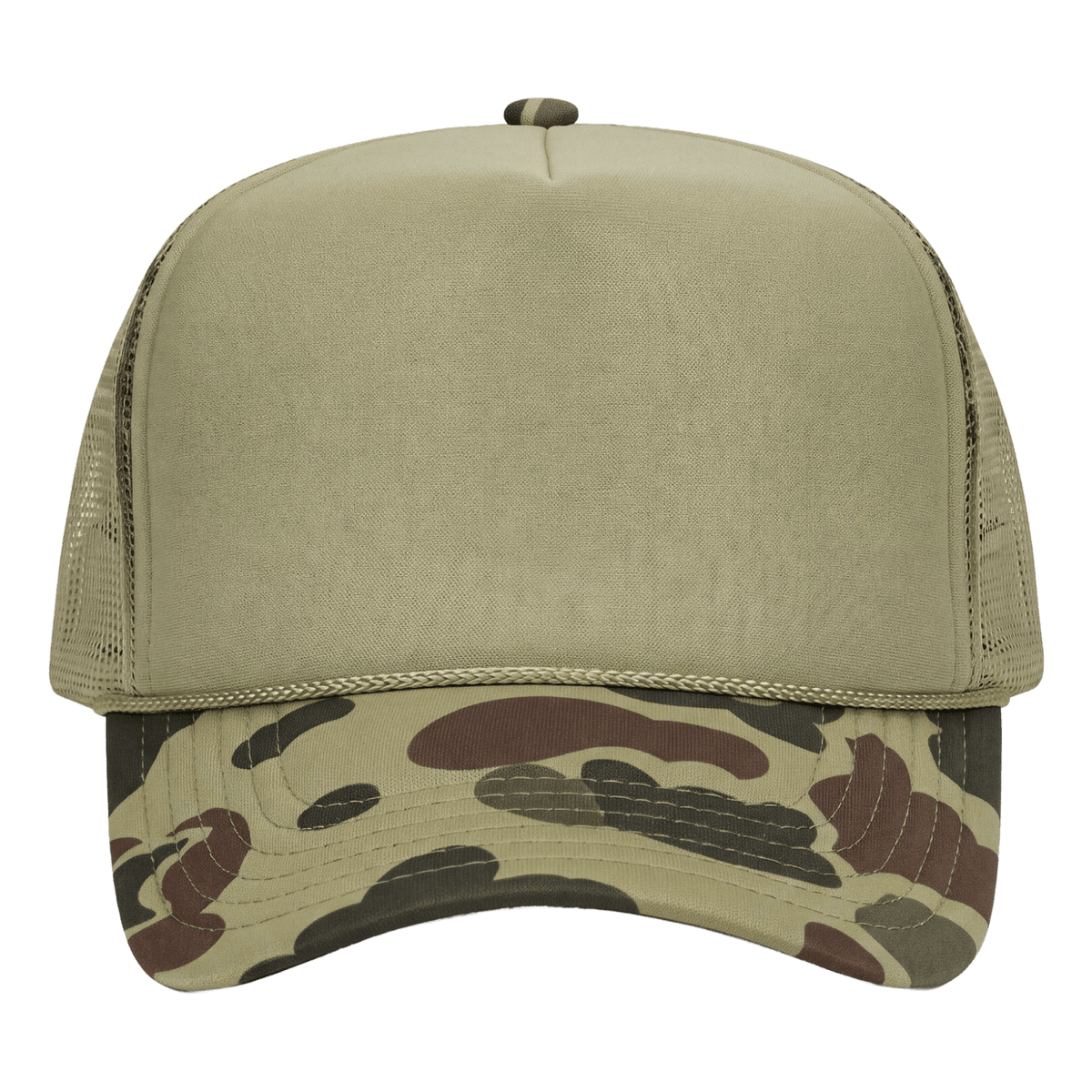 A trucker-style baseball cap shown from the front on a plain white background. The front panels and brim are a solid light khaki color, while the side and back mesh are in a camouflage pattern with shades of brown, olive green, and black.