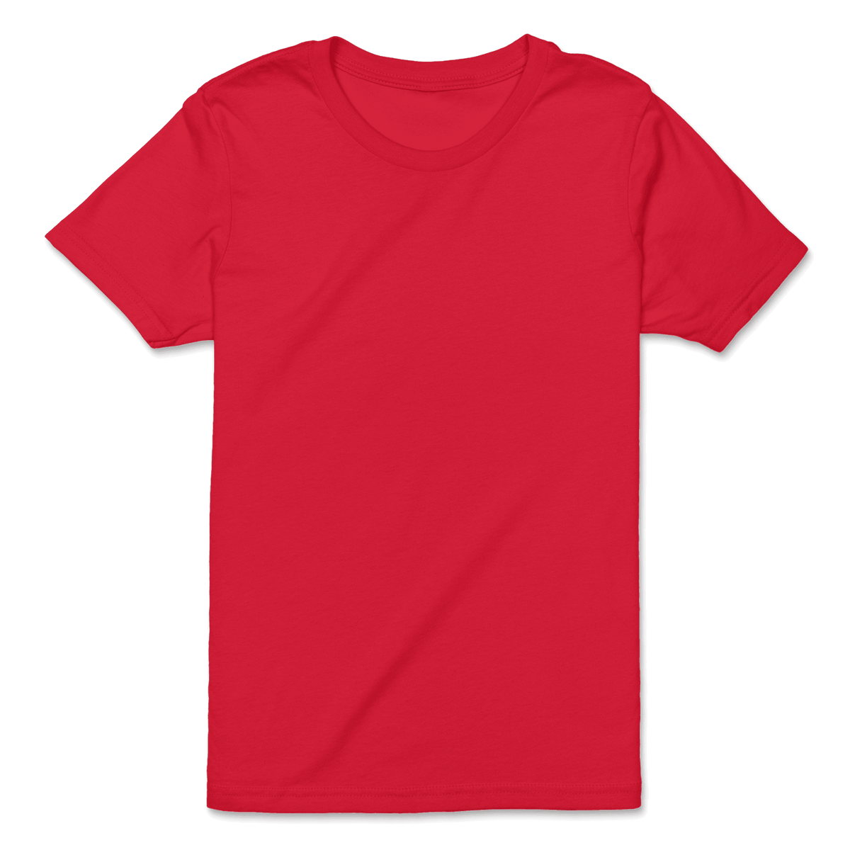 A classic red short-sleeve crewneck t-shirt laid flat against a clean white background.