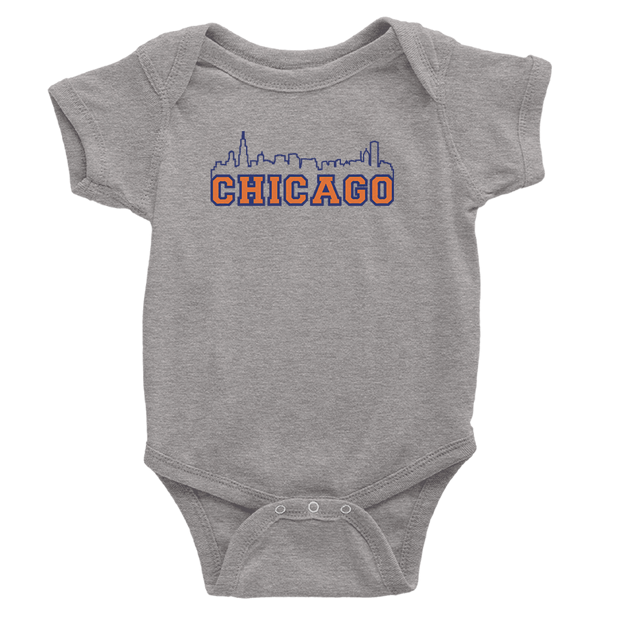 Heather grey baby onesie with Chicago bears color skyline design