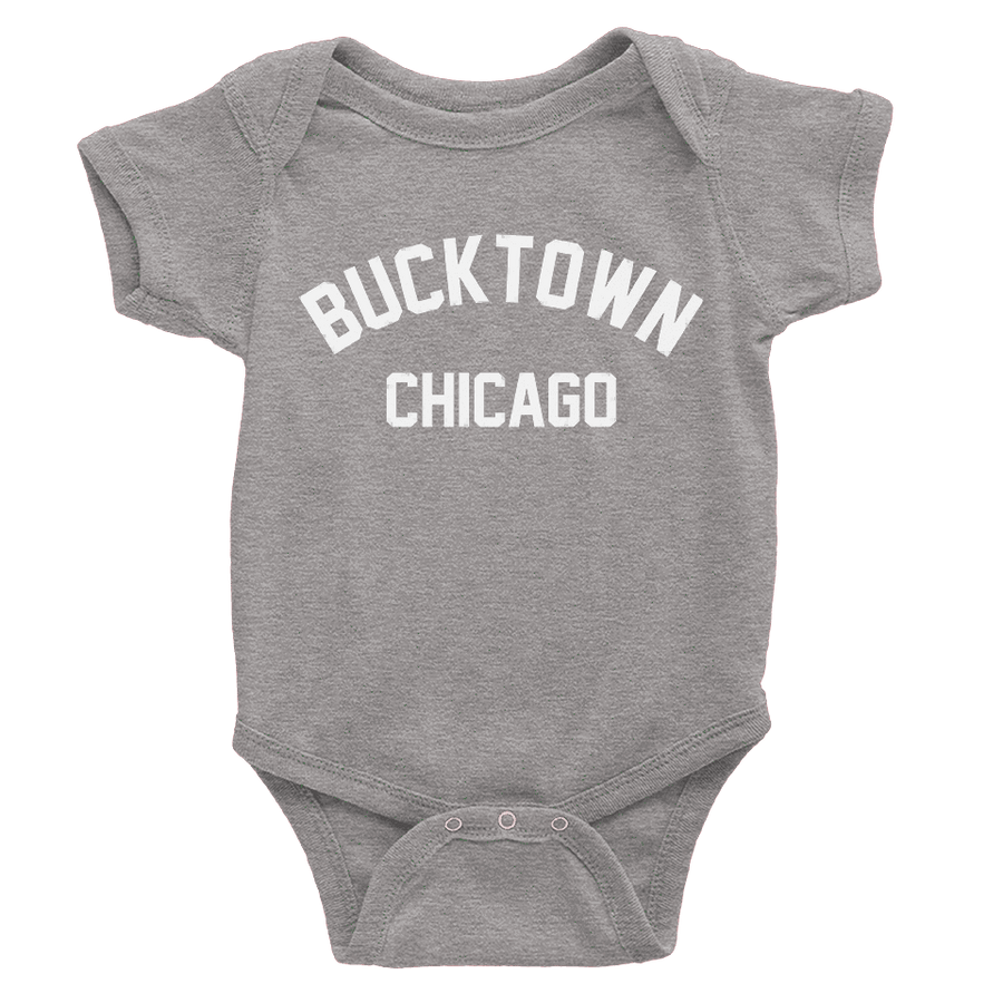 Heather Grey onesie with white Bucktown chicago logo