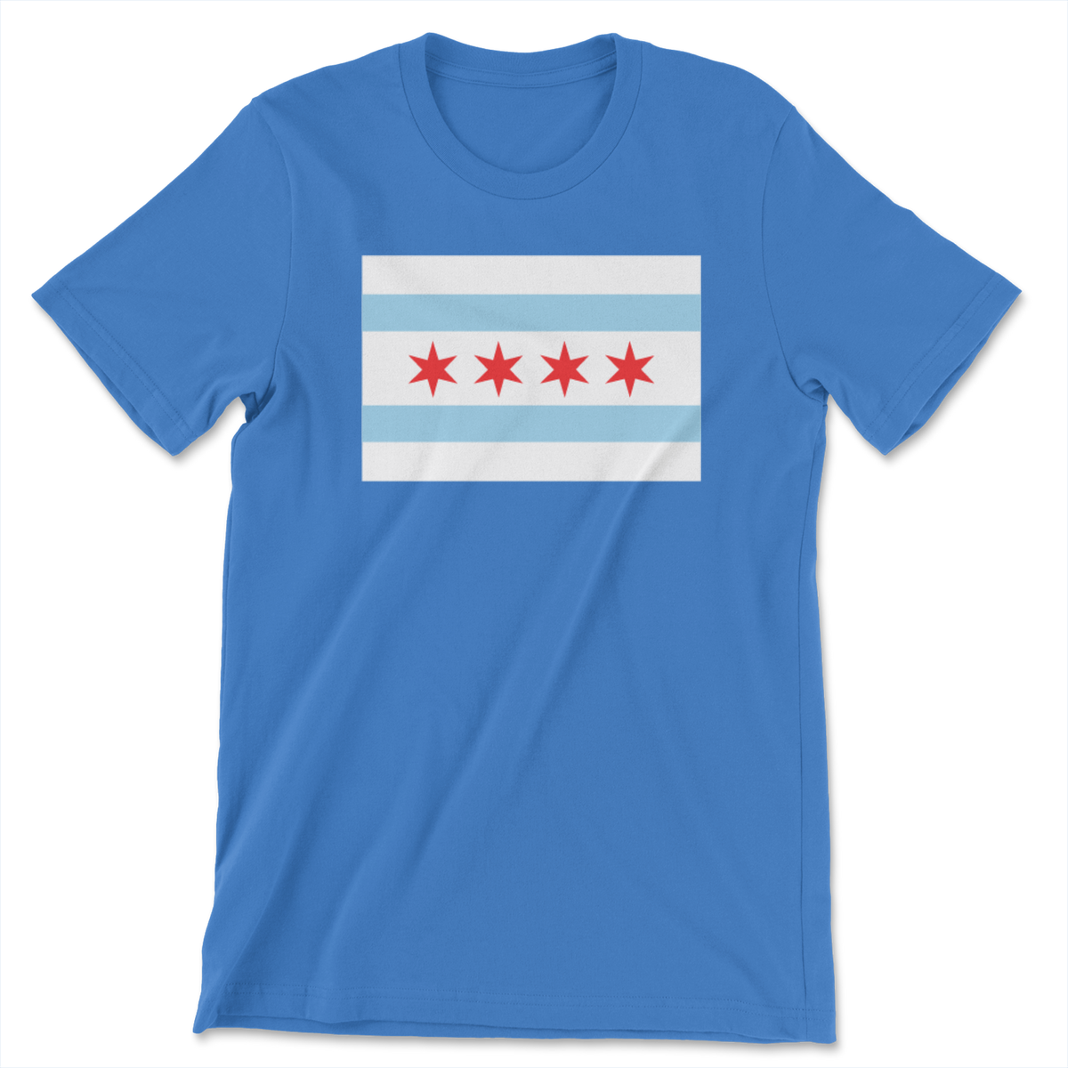 Blue t-shirt with the Chicago Flag on front.