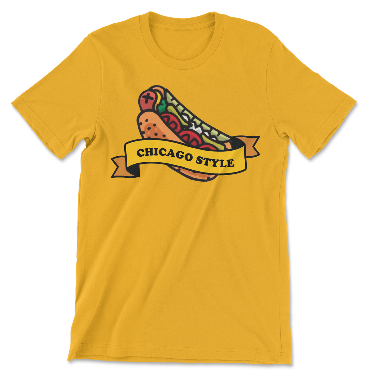 Gold t-shirt with a hot dog that says Chicago Style on front.