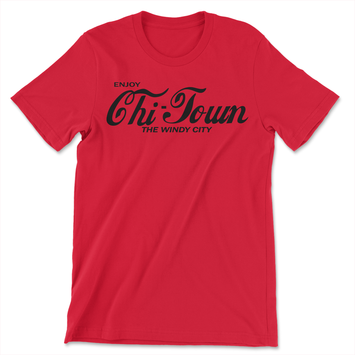Red t-shirt with Enjoy Chi-Town, the windy city on the front.