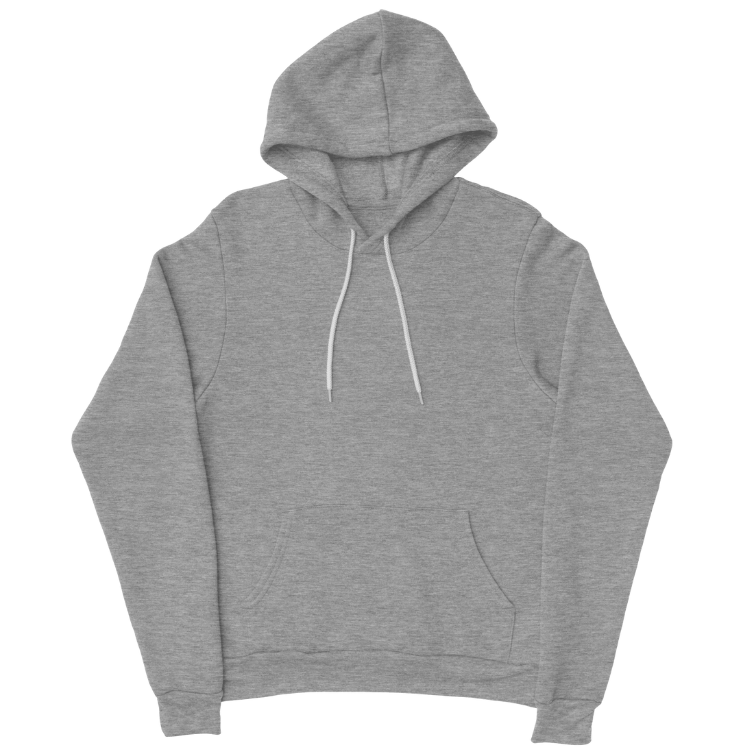 An athletic heather pullover hoodie with white strings.