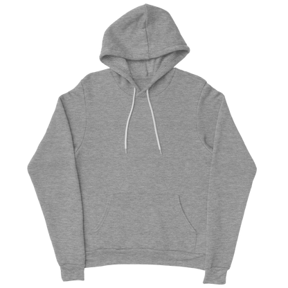 An athletic heather pullover hoodie with white strings.