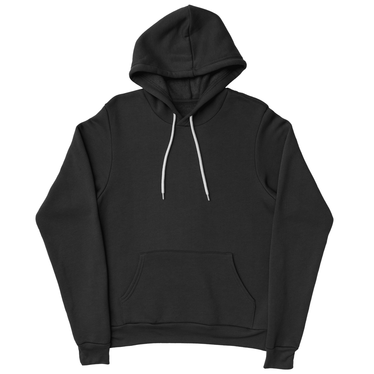A black pullover hoodie with white strings.