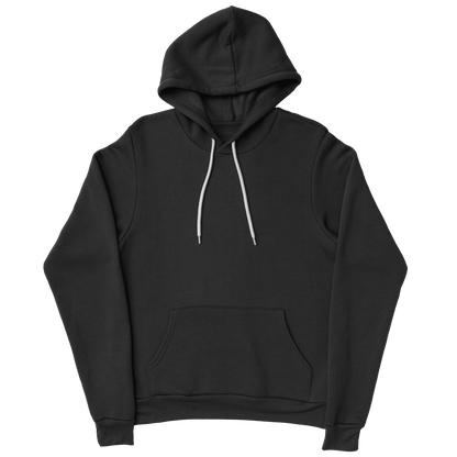 A black pullover hoodie with white strings.
