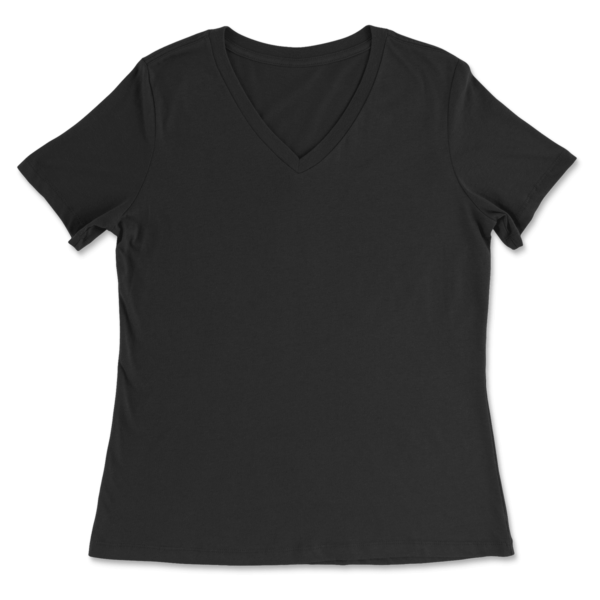 A black short-sleeve V-neck t-shirt shown flat against a plain white background.