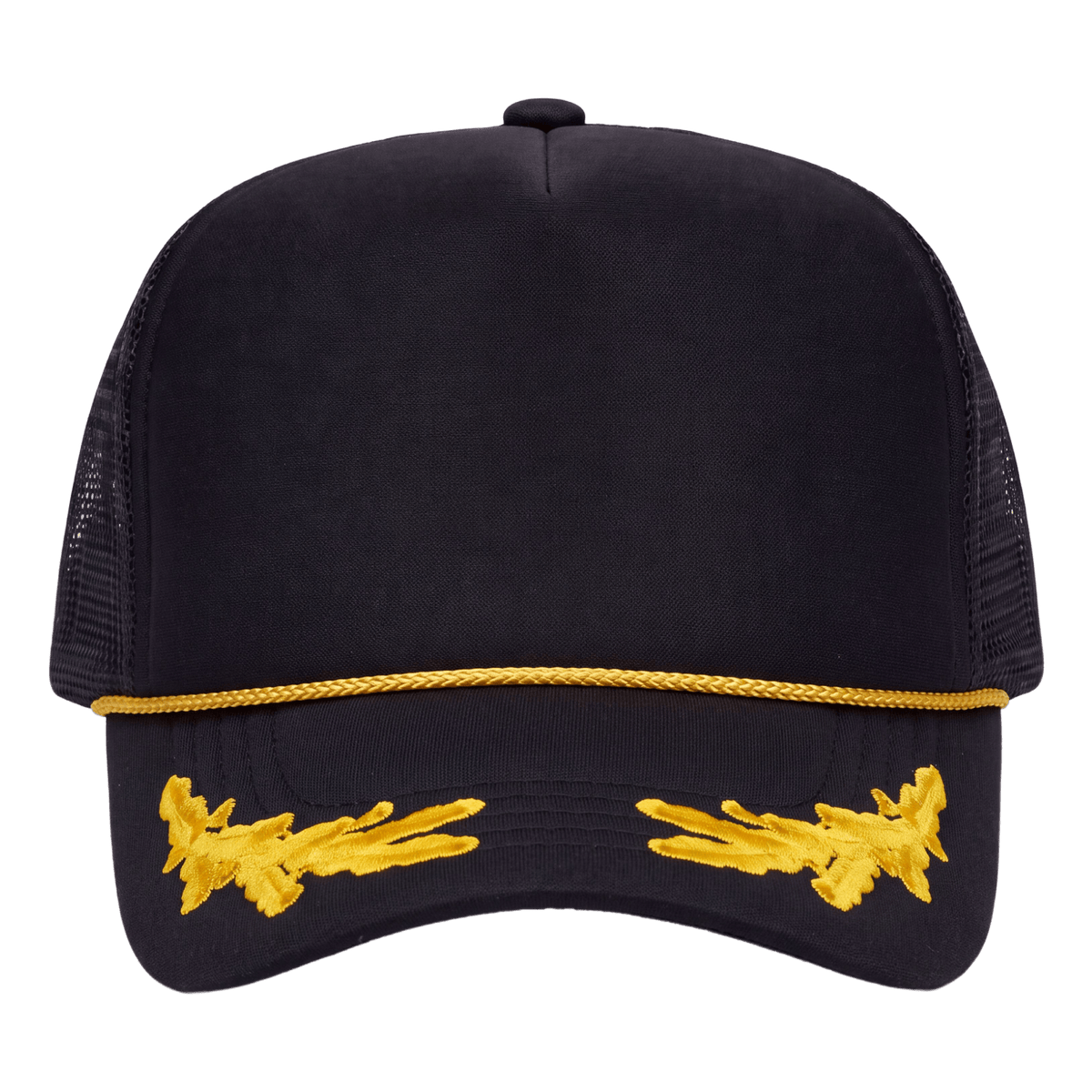 A black trucker-style cap with gold embroidered wing-like details on the brim and a gold rope trim across the front, shown against a plain white background.