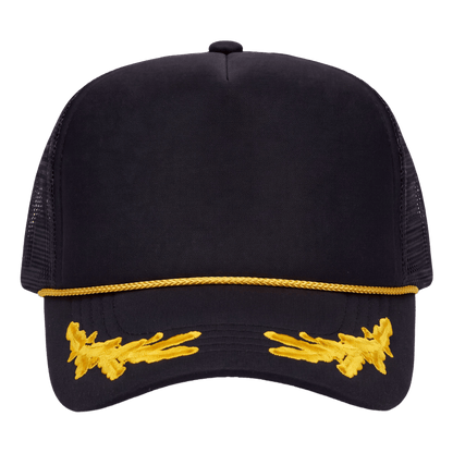 A black trucker-style cap with gold embroidered wing-like details on the brim and a gold rope trim across the front, shown against a plain white background.