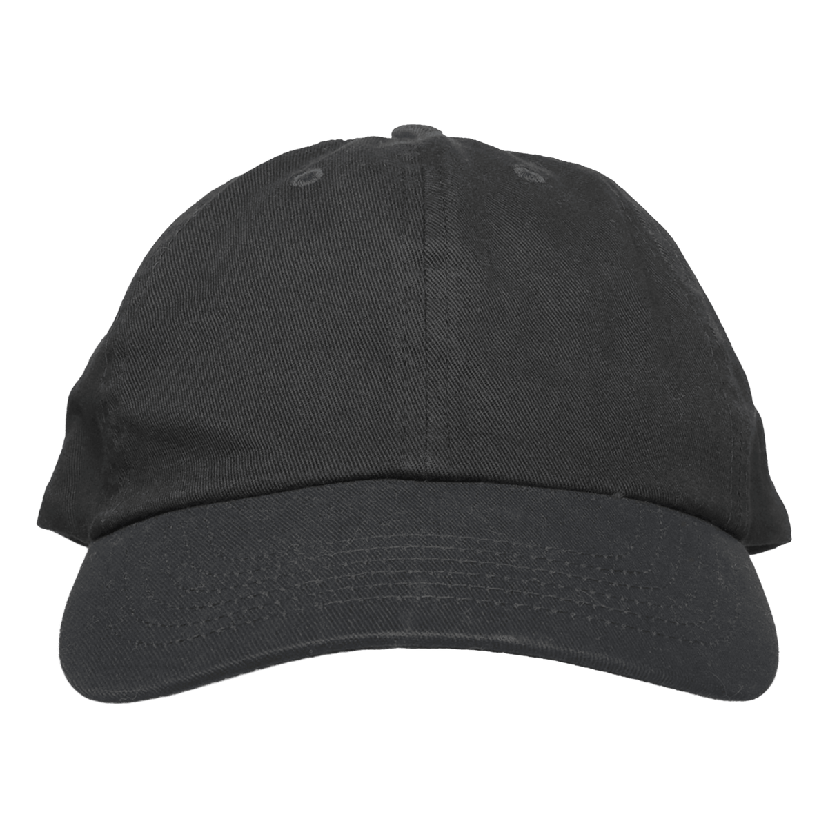 A classic six-panel dad hat baseball cap in a washed black cotton twill fabric, shown from a front-facing angle on a solid white background.
