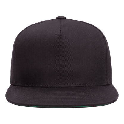 A snapback flat-brim cap in solid black, photographed from the front against a clean white background.