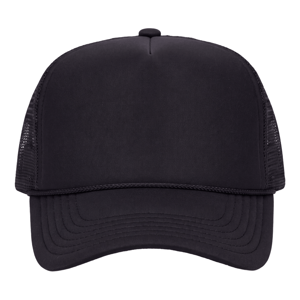 A black trucker-style baseball cap with a solid black front panel and black mesh back panels, shown from a front-facing perspective on a solid white background.