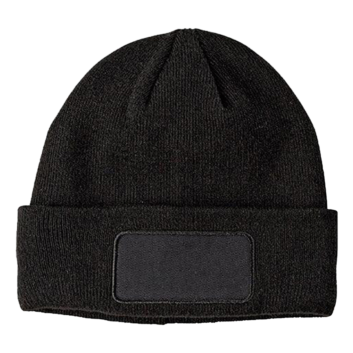 An black beanie with a patch on the front.