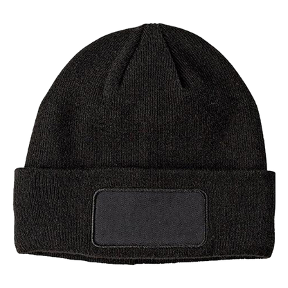 An black beanie with a patch on the front.
