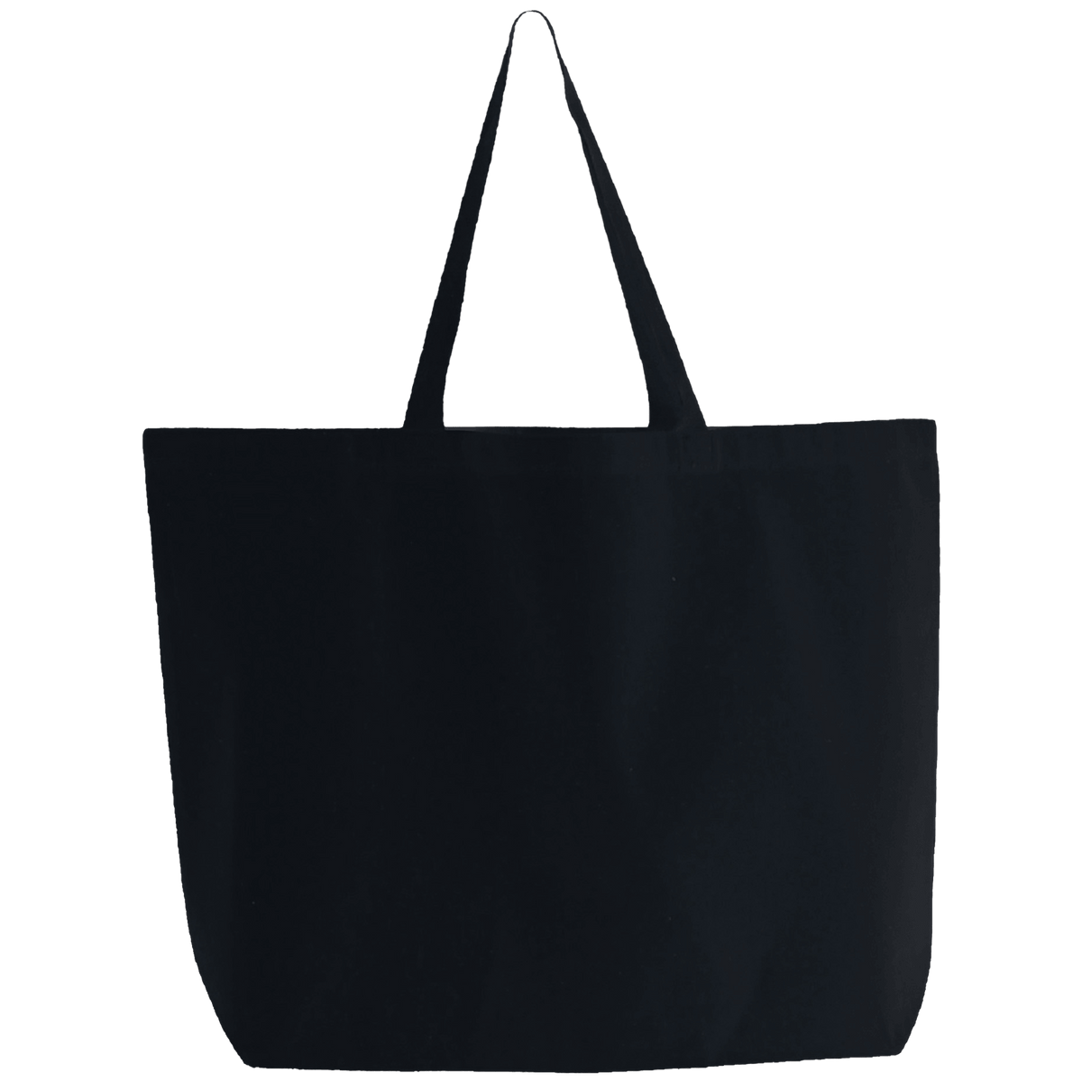 A plain black canvas tote bag with two long shoulder straps, shown against a solid white background.