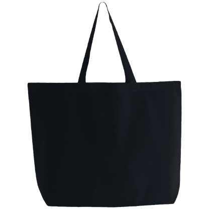 A plain black canvas tote bag with two long shoulder straps, shown against a solid white background.