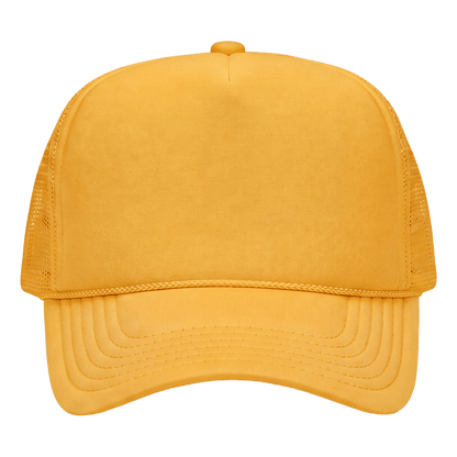 A solid gold trucker-style baseball cap with a curved brim and mesh back panels, shown from a front-facing perspective on a plain white background.