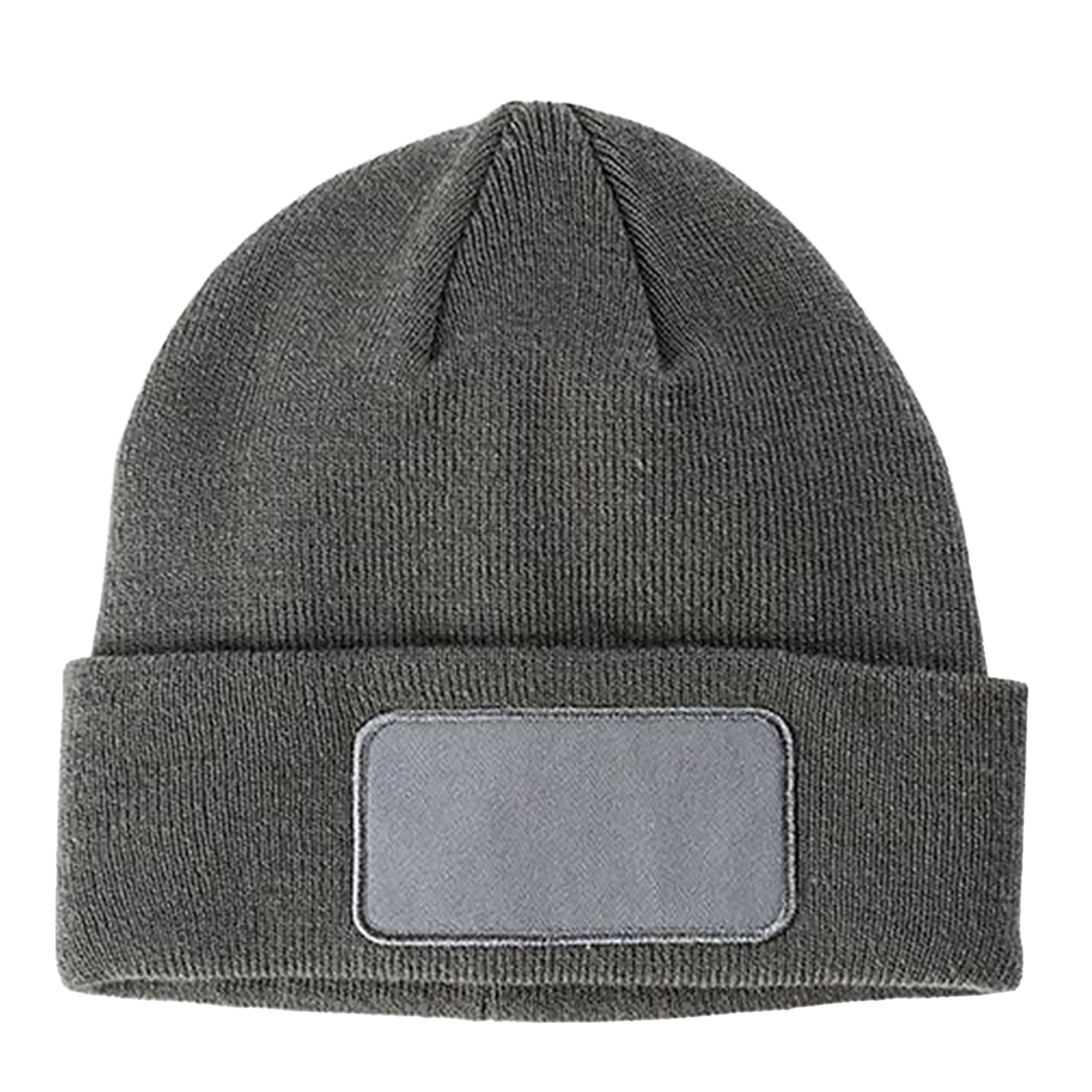 An grey beanie with a patch on the front.