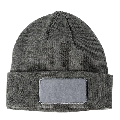 An grey beanie with a patch on the front.