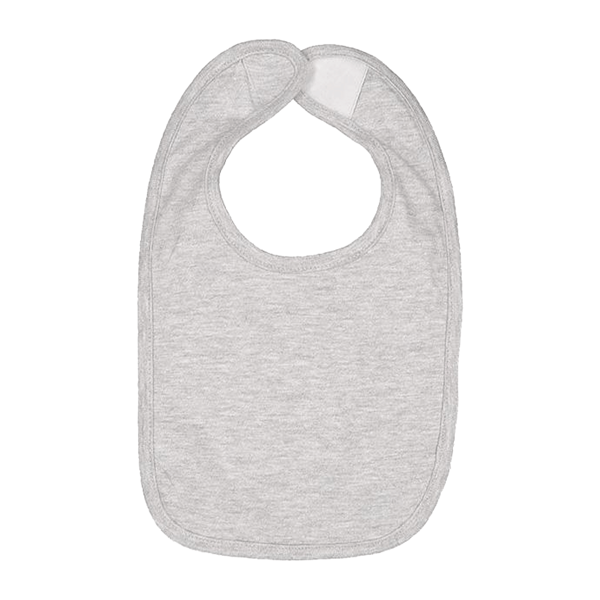 A light gray heather baby bib with a rounded neck and a white hook-and-loop closure tab at the top, shown flat against a white background.