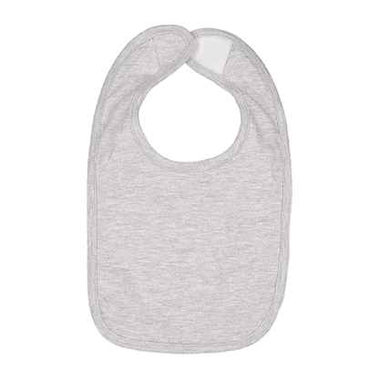 A light gray heather baby bib with a rounded neck and a white hook-and-loop closure tab at the top, shown flat against a white background.