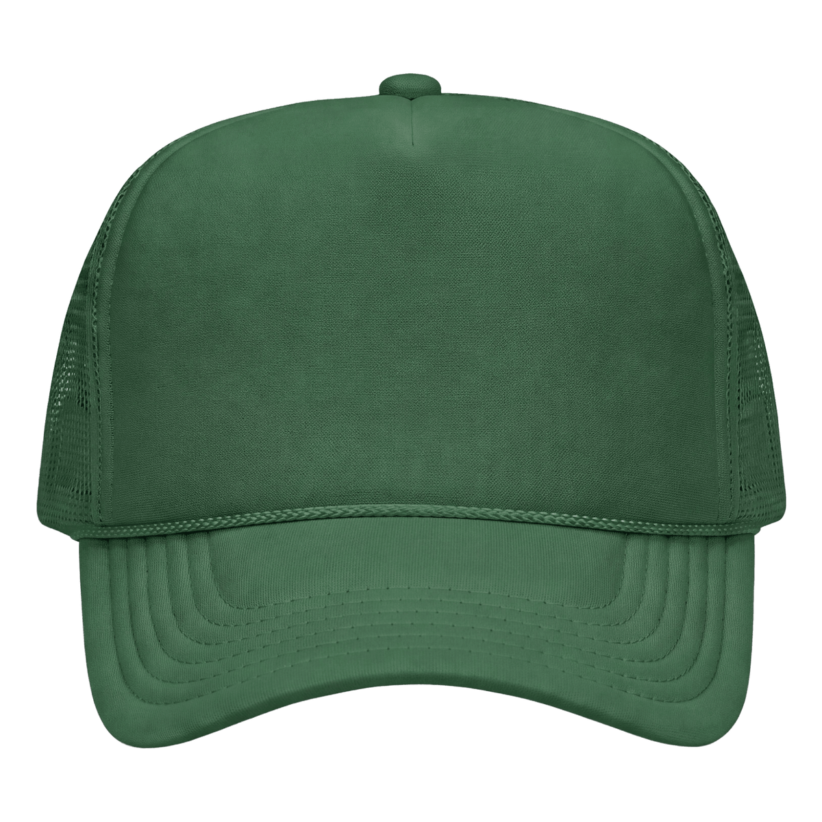 A solid green trucker hat with a structured front panel and matching green mesh back panels, shown from a front-facing perspective on a plain white background.