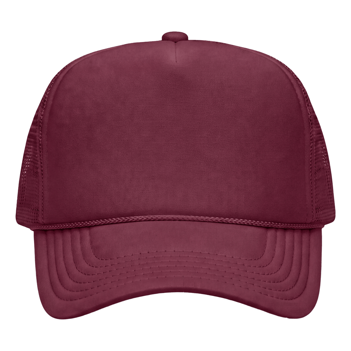 A maroon trucker hat with a solid fabric front panel and matching mesh back panels, shown from a front-facing perspective on a solid white background.