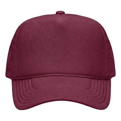A maroon trucker hat with a solid fabric front panel and matching mesh back panels, shown from a front-facing perspective on a solid white background.