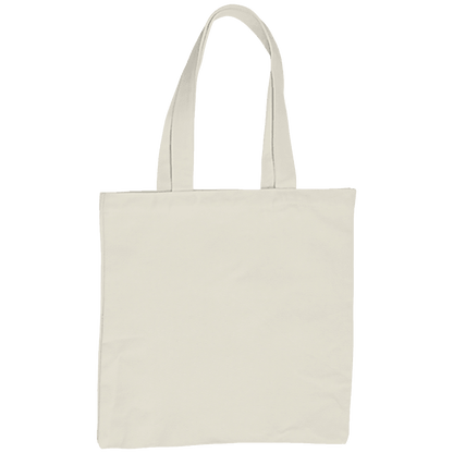 A plain natural canvas tote bag with two long handles, shown against a solid white background.