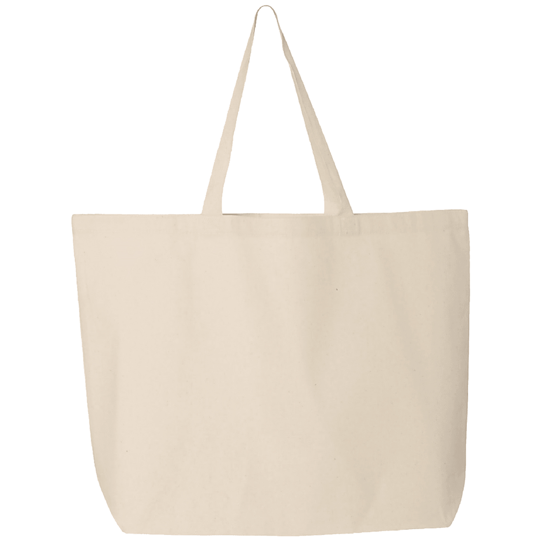 A plain canvas tote bag in a light cream or off-white color, featuring two long shoulder straps, shown against a solid white background.