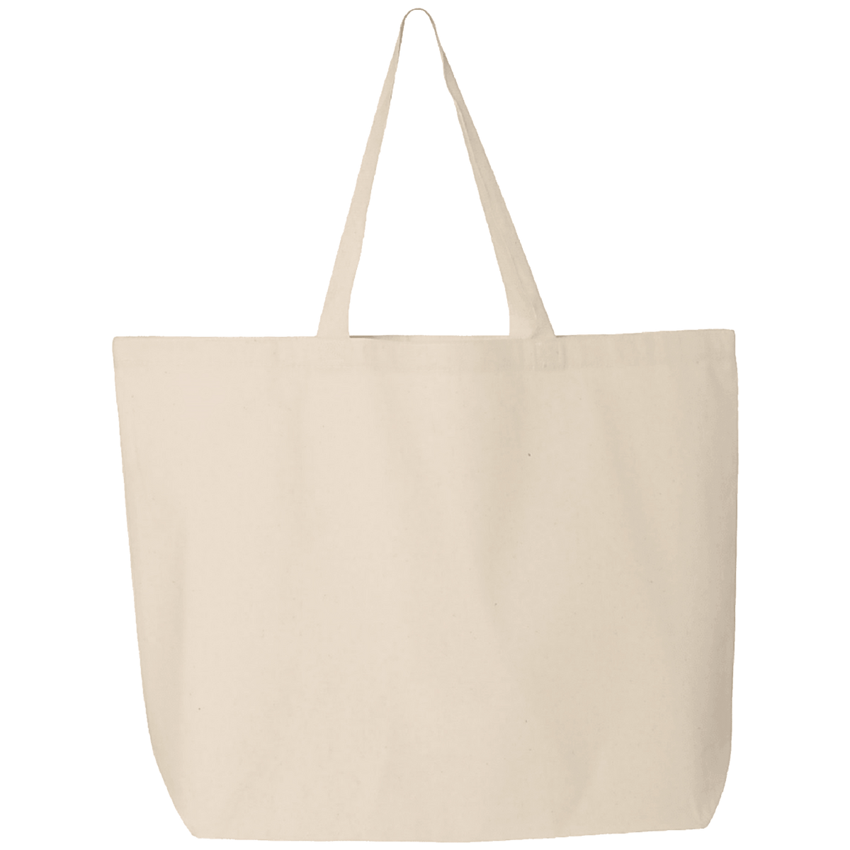 A plain canvas tote bag in a light cream or off-white color, featuring two long shoulder straps, shown against a solid white background.