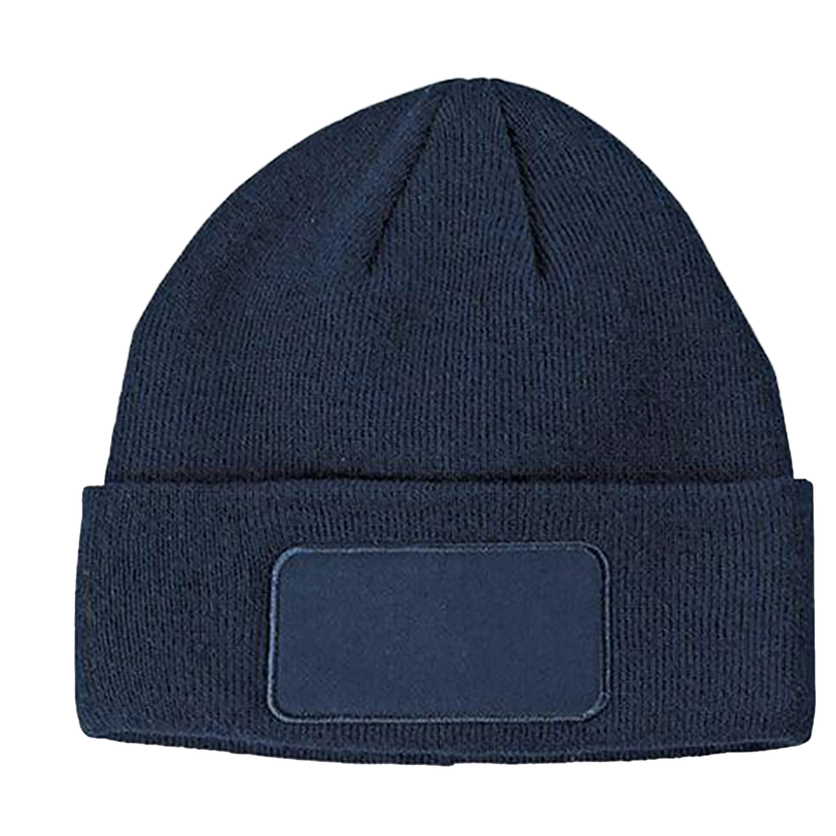 An navy beanie with a patch on the front.