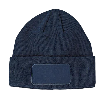 An navy beanie with a patch on the front.