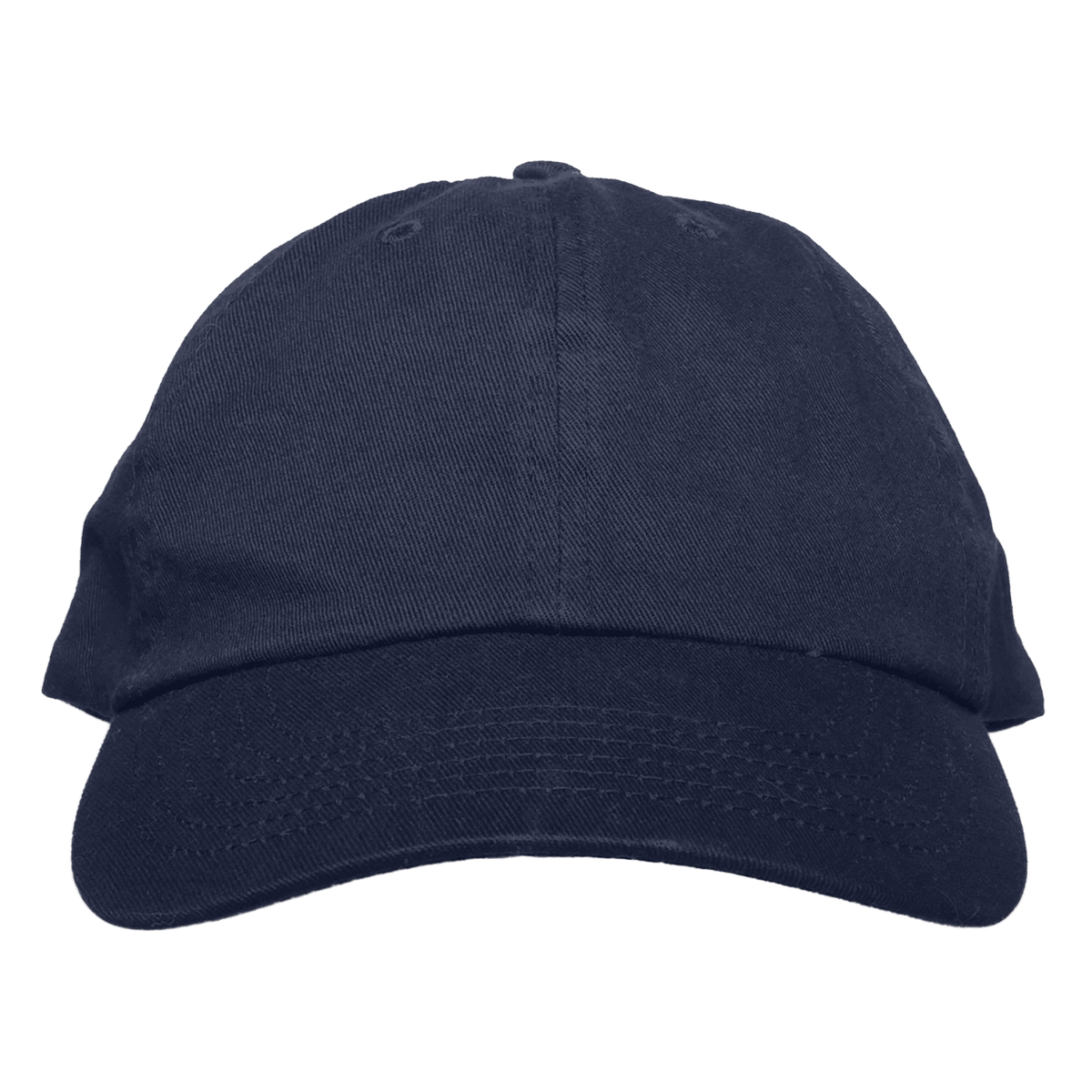 A classic six-panel dad hat in a dark navy blue cotton twill fabric, shown from the front on a solid white background.
