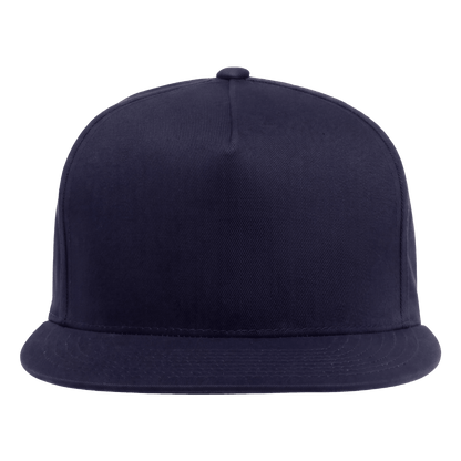 A dark navy blue flat-brim cap shown from the front on a solid white background.