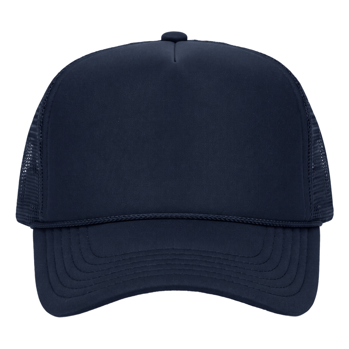 A dark navy blue trucker hat with a solid fabric front panel and curved brim, featuring dark mesh back panels.