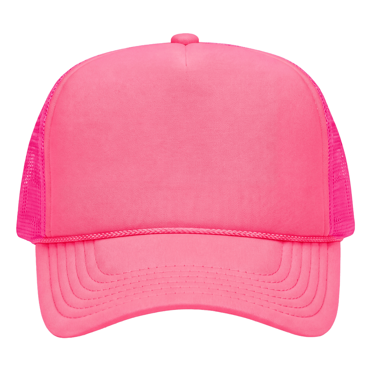 A bright pink trucker cap with a solid front panel and matching pink mesh back, shown from a front-facing perspective on a plain white background.