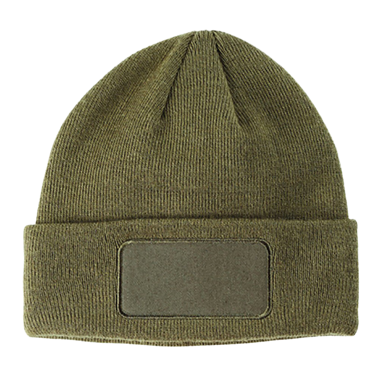 An olive beanie with a patch on the front.