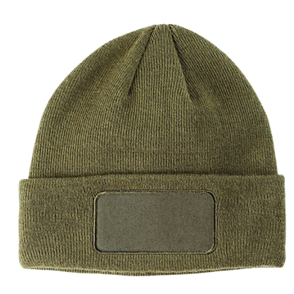 An olive beanie with a patch on the front.