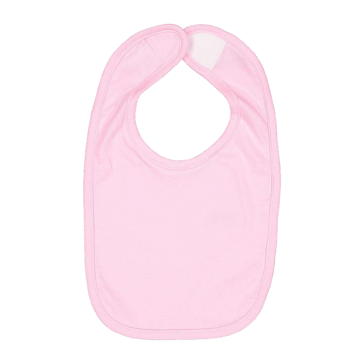 A light pink baby bib with a rounded shape and a neck opening, shown flat against a solid white background.
