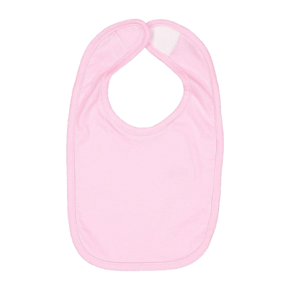 A light pink baby bib with a rounded shape and a neck opening, shown flat against a solid white background.