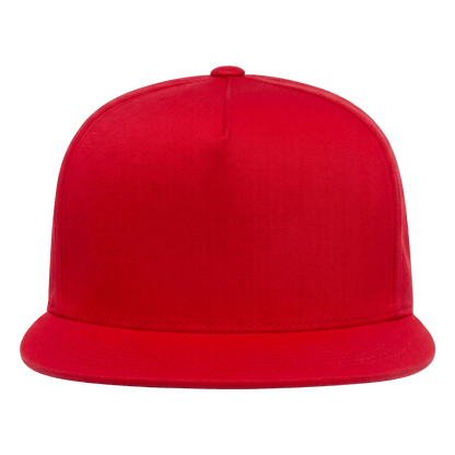 A solid red snapback flat-brim baseball cap shown from the front on a clean white background.