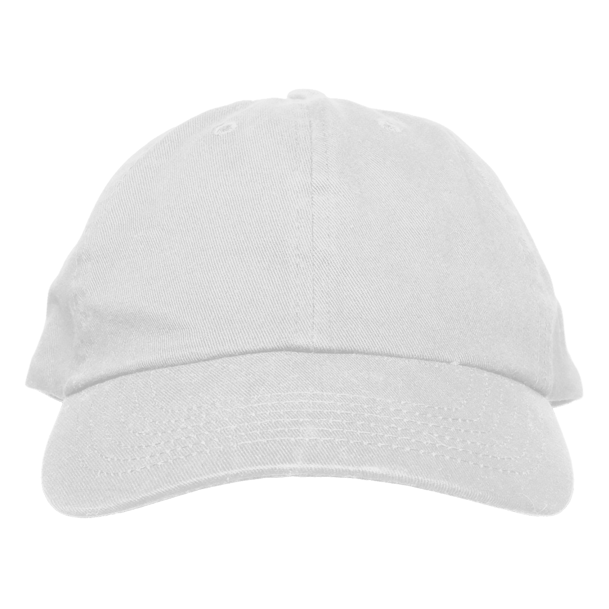A plain white cotton baseball cap shown from the front on a clean white background.