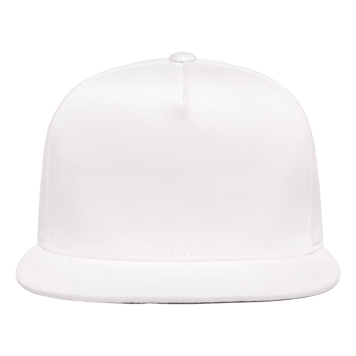 A plain white snapback cap with a flat visor and a central button, shown from the front on a clean white background.