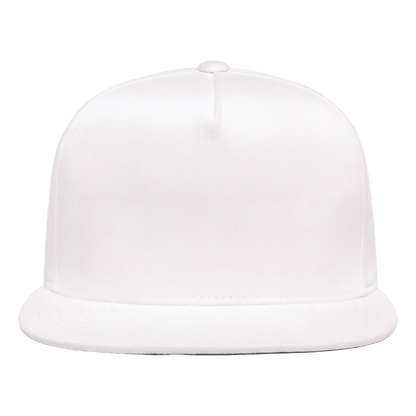 A plain white snapback cap with a flat visor and a central button, shown from the front on a clean white background.