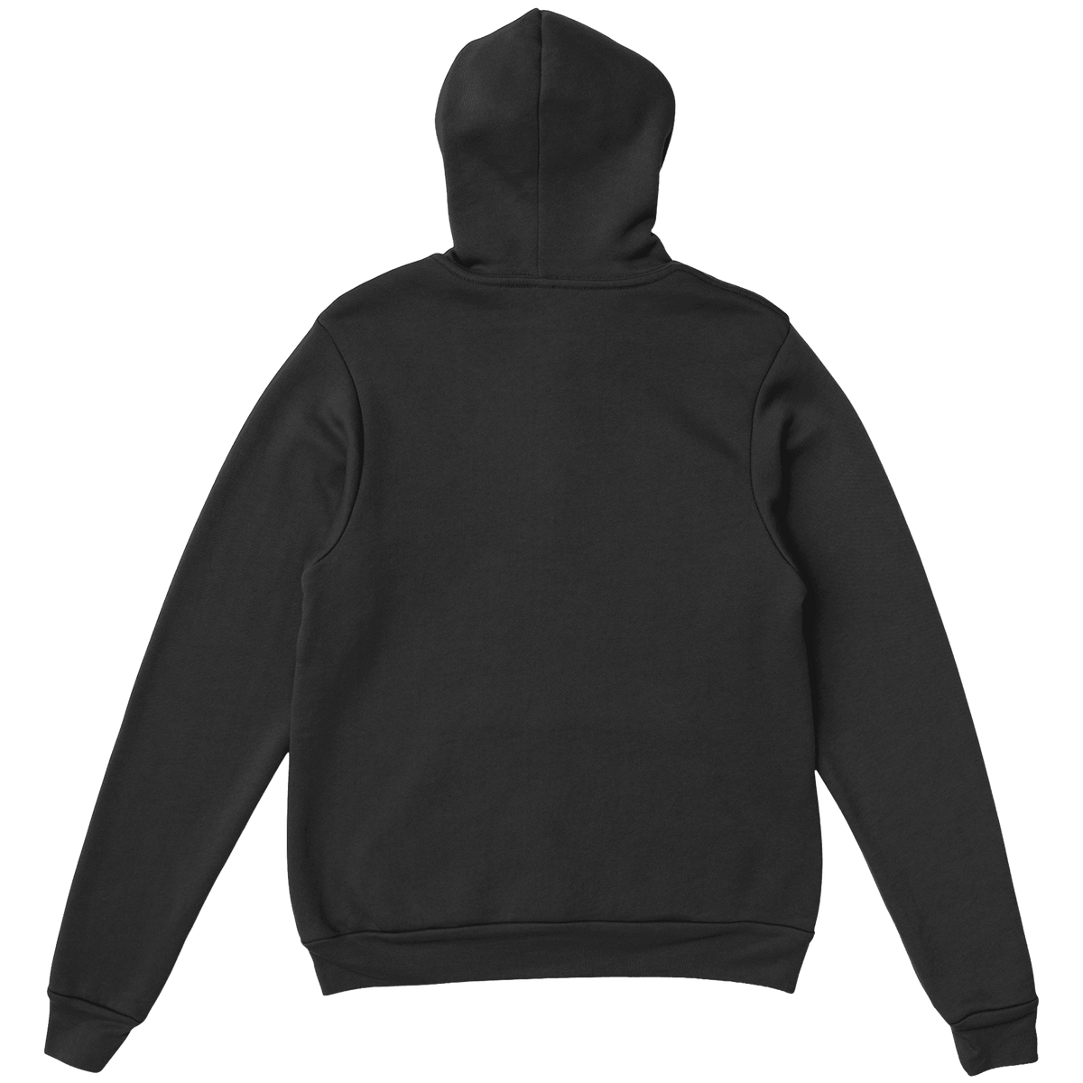 A black long-sleeve hoodie shown from the back, photographed flat against a solid white background.