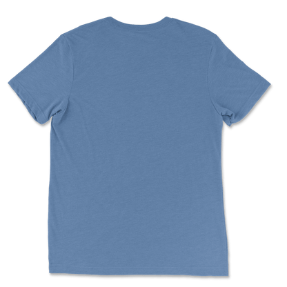 A heathered medium blue short-sleeve crewneck t-shirt shown from the back, laid flat against a solid white background.